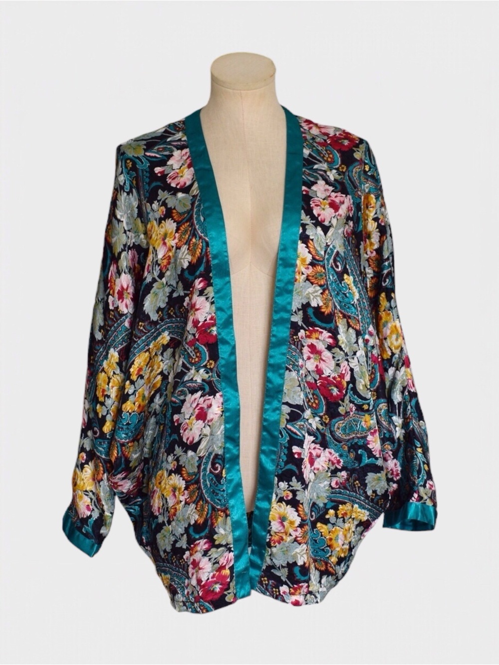 Victorias Secret Vintage 80s Floral Paisley Satin Kimono Robe Jacket Gold Label
